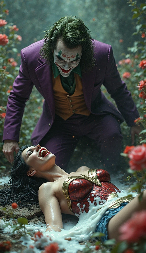 Wonder woman on ground, joker standing near her , white milk flow from ...