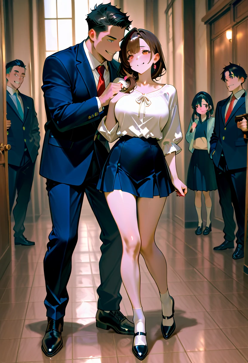 SFW, realistic, masterpiece, VERY crowded subway train interior detailed scenario, VERY crowded subway train interior detailed background, standing insanely hot (woman 1) using sexy ((school uniform)), (((lifted skirt)), (big ass), (thick thigths), (fear expression), blushed face, old small man ass groping woman 1 from behind,(((old small man pressing his chest on woman 1 back))) and (((holding her waist behind her))) (red hair), (yellow eyes) glasses,  (long wave hair)