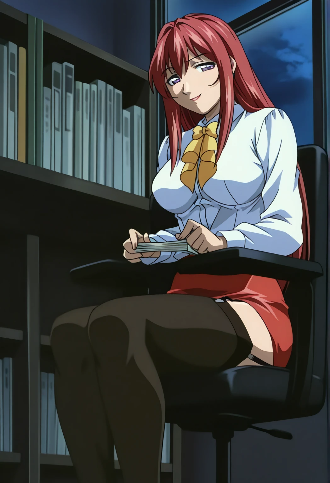 (best quality, ultra-detailed, anime picture, game cg, art cg, photorealistic, movie lighting, perfect shadow, realistic lighting shaded, unity 8k wallpaper), Hiroko Takashiro, red hair,nude,large breasts,long hair,mature female,(purple eyes), perfect eyes, perfect face, earrings, shirt, jacket, black thighhighs, (purple garter belt:1.1), zettai ryouiki, pencil skirt, school uniform, highheels, vulgarity,nose blush,looking at viewer,sexy pose,in Staff room,holding mechanical pencil,sitting in a chair,spread legs,perfect anatomy