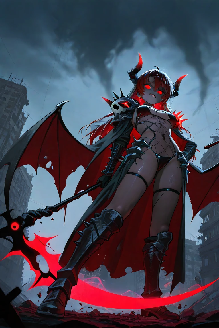 demon girl, spiky messy black long hair, demon, red eyes, blood tears, ear piercings, face piercings, blood, tattoos, bats, mechanical arms, wearing black robot suit, wearing black fur cloak, mechanical wings, mechanical horns, graveyard, night, high res, ultrasharp, 8k, masterpiece, looking at viewer