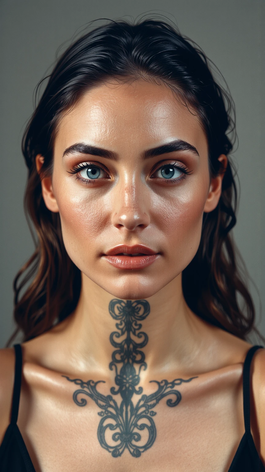 Dressed with a white top, Best quality, realistic, exquisite detailing, complicated details, cinematic lighting, clear lines, tack sharp focus, official art, Unity 8k wallpaper, high resolution, extremely detailed, refined and beautiful, professional lighting, dynamic poses, simple background, detailed facial features, tattoos and piercings, intricate body art.