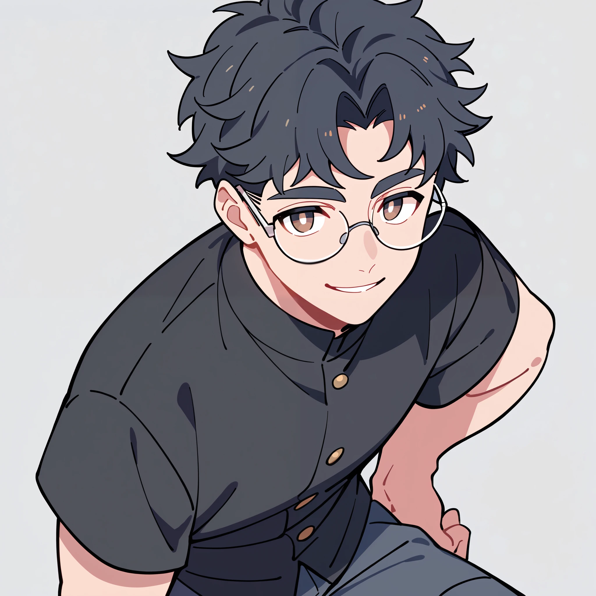 anime characters：1man, adult, twink, male focus, black short sleeve outfit, black clothes, black boots, cargo pants, only, twink male, only, Upper body, alone, black hair, fluffy hair, thick eyebrows, brown pupils, round glasses, Light Grey background, simple background, amazing quality, best aesthetics, Ridiculous, parted lips, bright pupils, sexy smile, best quality