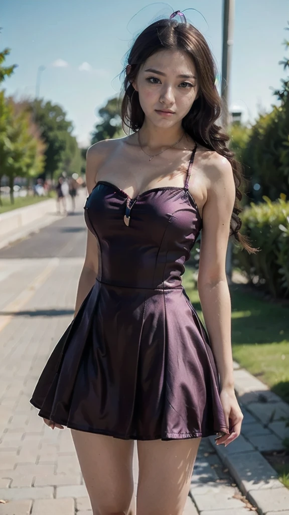 Jennifer Connelly clad in a tight, CadetBlue mini sparkling wine red with stones dress with long sleeves and an off-the-shoulder collar, standing confident, strong posture, gaze, in front of a high-end fashion store