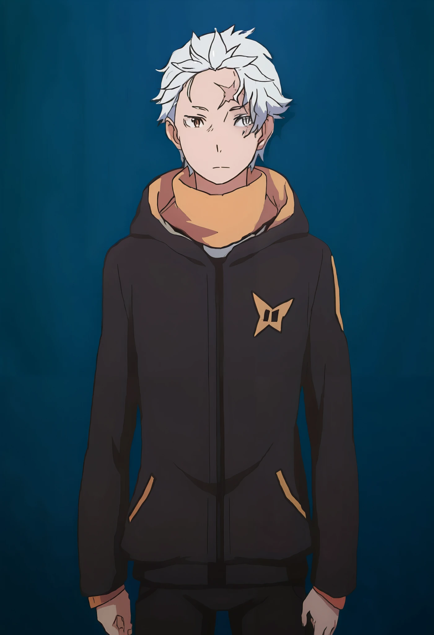 gluttony subaru \(re:zero\), 1boy, short hair, white hair, male focus, scarf, orange scarf, scar on forehead, hood, heterochromia, scar on face, jacket, brown eyes, grey eyes, cowboy shot, masterpiece, best quality