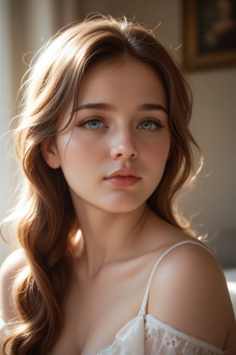 (((Surreal))) photo, masterpiece, Top quality, (Pale skin), (Extremely detailed face and eyes:1.3), 1 girl, aldult, Wearing T-shirt, whole body, (Eye Makeup, mascara) , ((Big, detailed lips)), ((Gray wavy hair)), ((Chiolca)) , (natural breast), Slim waist. ((Strike a pose)), photo拍摄, studio (Soft lighting), (The interpretation of light and shadow), Depth of Field, Bokeh, (Pay special attention to skin details: 1.2), detailed leather texture, Skin pores. (Airy atmosphere of the frame. Color Range - Delicate, bright, White, Pink), PhD, ((Film Grain)), ((Light)), ((太阳的Light)), ((Waist Up Portrait, Close to the camera)) , Super Fine,