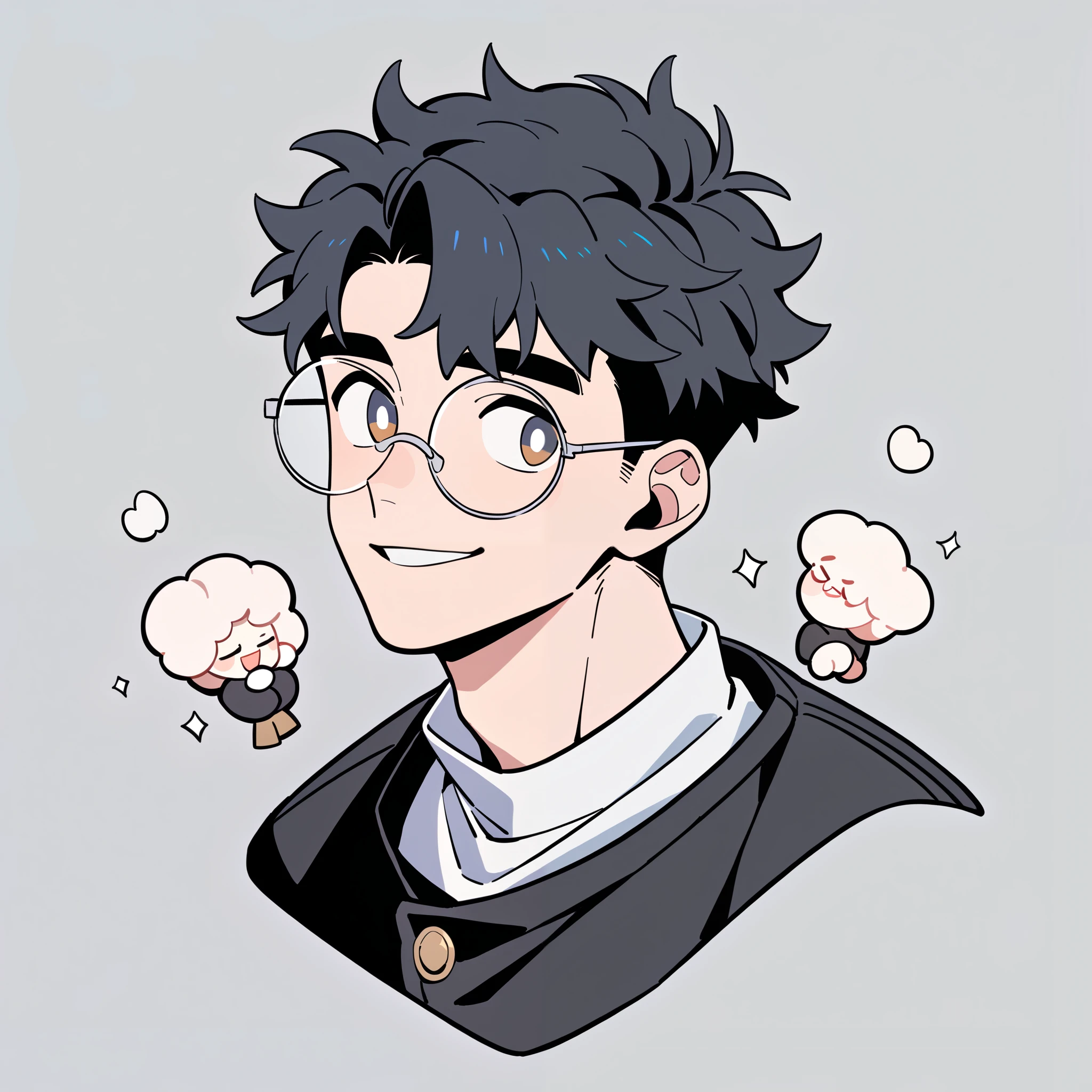 anime characters:1man, adult, twink, male focus, black short sleeve outfit, black clothes, black boots, cargo pants, only, twink male, only, Upper body, alone, black hair, fluffy hair, thick eyebrows, brown pupils, round glasses, Light Grey background, simple background, amazing quality, best aesthetics, Ridiculous, parted lips, bright pupils, sexy smile, best quality