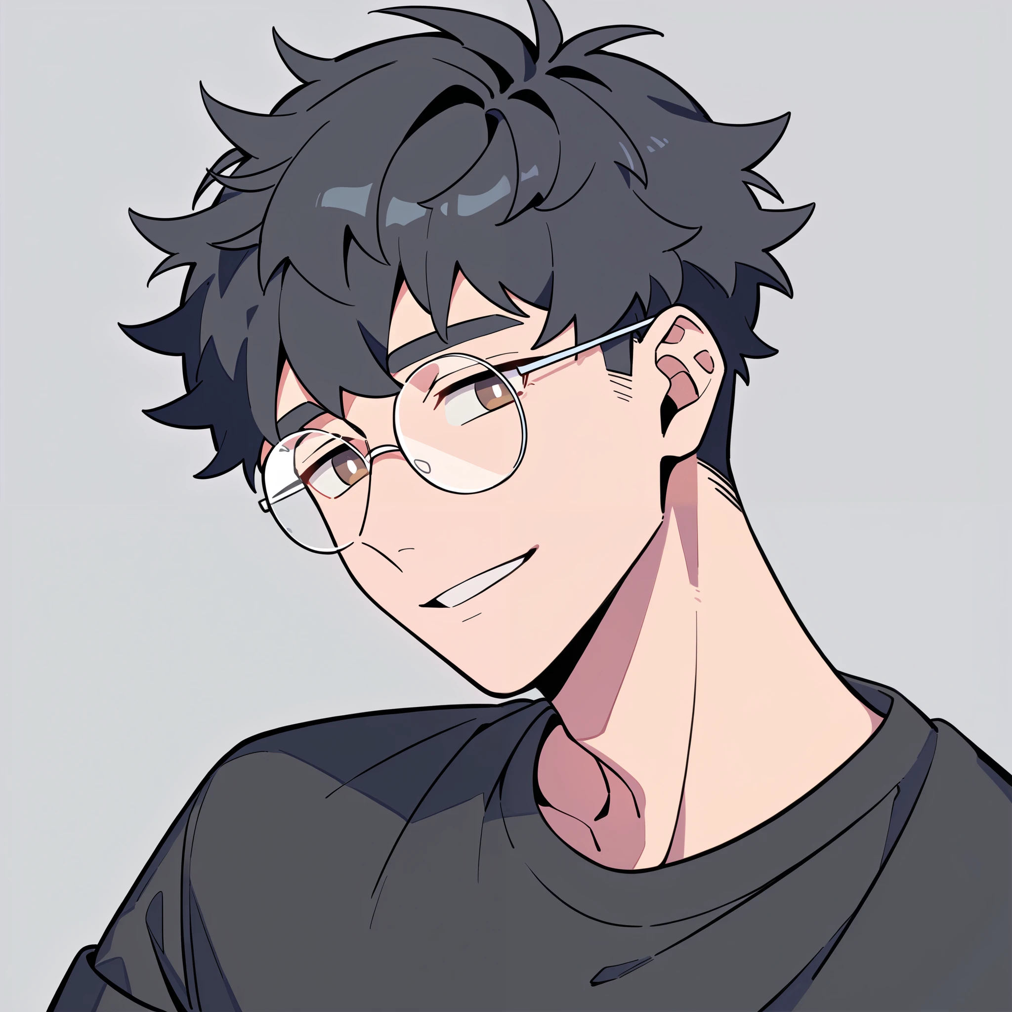 anime characters：1man, adult, twink, male focus, black short sleeve outfit, black clothes, black boots, cargo pants, only, twink male, only, Upper body, alone, black hair, fluffy hair, thick eyebrows, brown pupils, round glasses, Light Grey background, simple background, amazing quality, best aesthetics, Ridiculous, parted lips, bright pupils, sexy smile, best quality