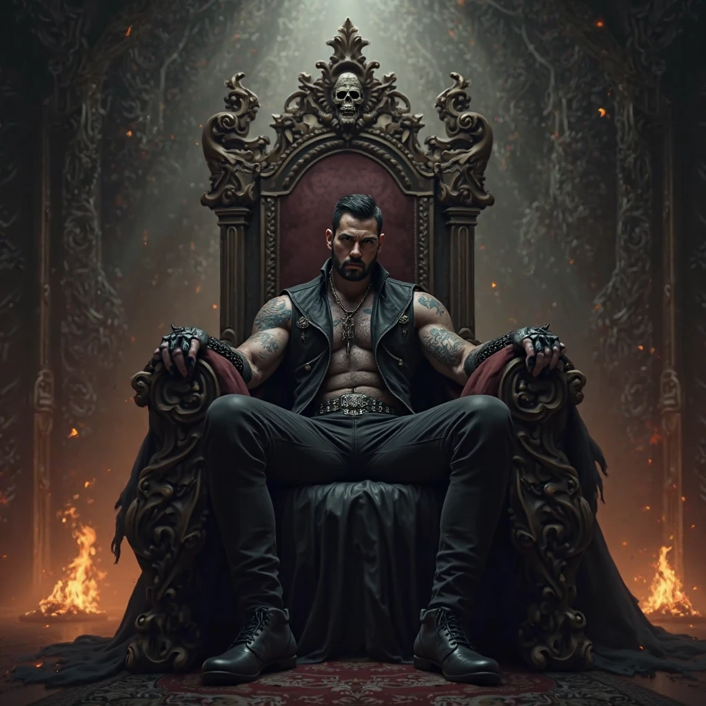 1boy, 25 years old, tan skin, white to red faded hair, full body tattoo, body hair, facial hair, demon horn, demon wings, hell throne, diablo, full beard, bulge, small red thong, pubic hair, inside church, handsome, mixed race, 