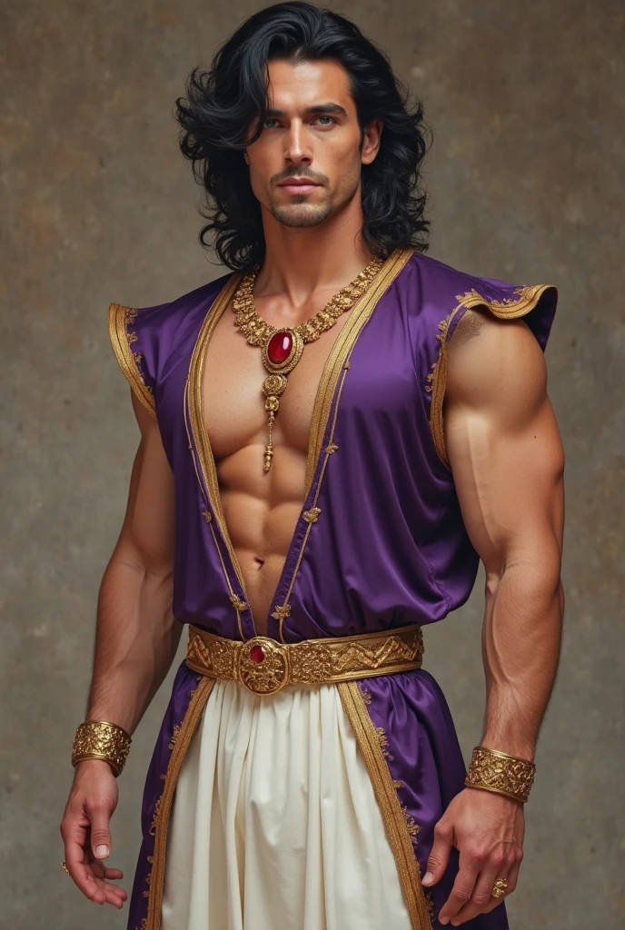 (handsome disney prince dark black hair, blue eyes, striking eyebrows and cement face, white olive skin, sun tanned skin. demigod greek warriora1.2), roupa de guerreiro romano couro preto e azul, hiperdetalhado, ultra afiado, 8k, (insanamente detalhado:1.5), fotografia de corpo inteiro, 20 megapixels, canon eos r3, pele detalhada, semideus grego