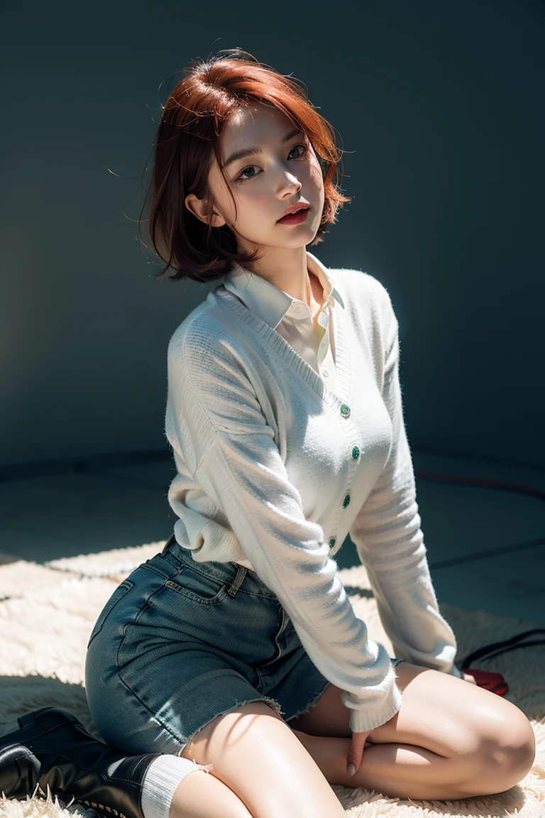 There was a woman sitting on a sofa wearing headphones, a photorealistic painting inspired by Ayami Kojima, Trend of CGsociety, Digital art, Realistic art style, with headphone, Photorealistic art style, Casual pose, photo-realistic low lighting, photorealistic anime girl rendering, photorealistic 35mm, with headphone, realistic soft lighting