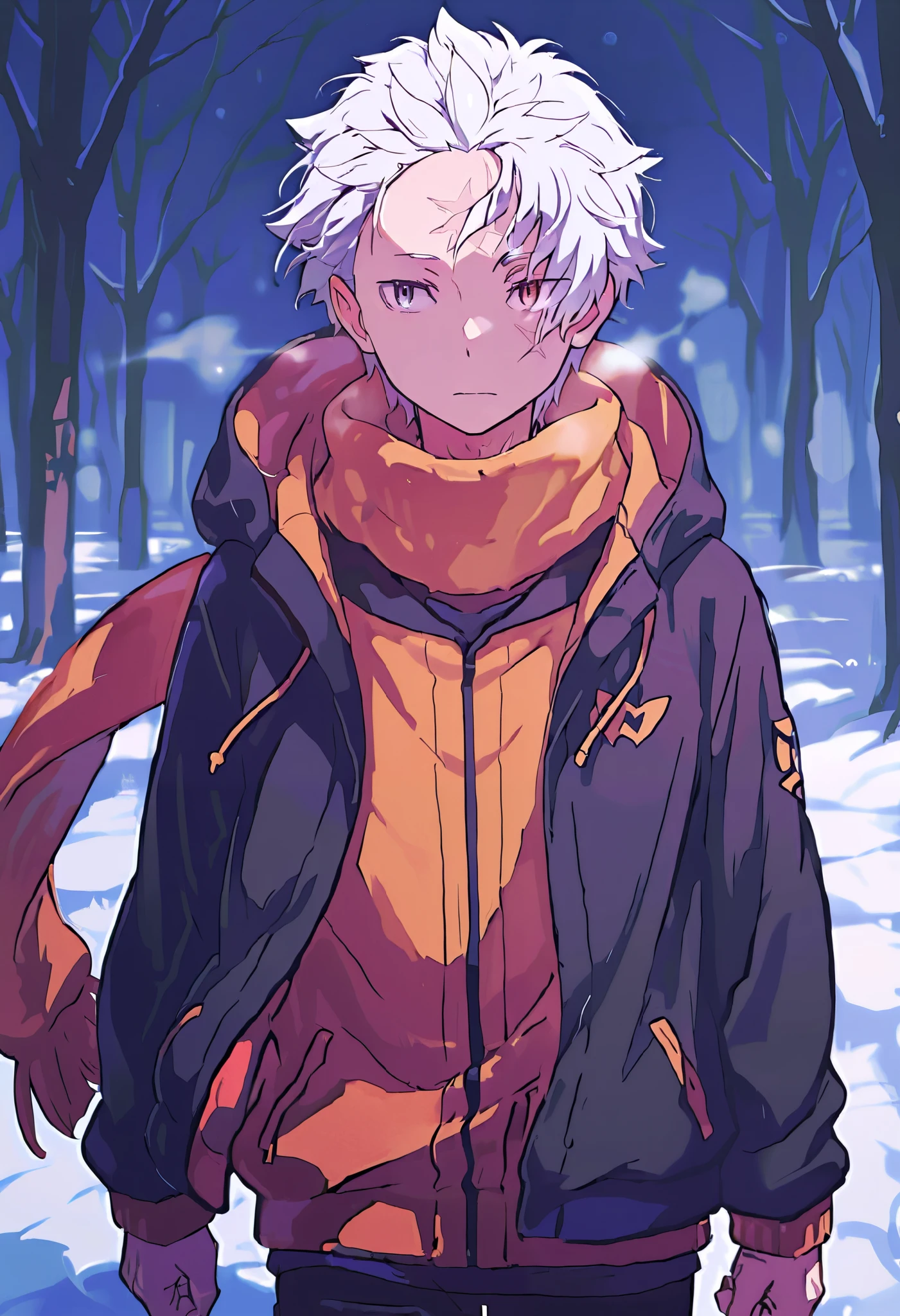 gluttony subaru \(re:zero\), 1boy, short hair, white hair, male focus, scarf, orange scarf, scar on forehead, hood, heterochromia, scar on face, jacket, brown eyes, grey eyes, cowboy shot, masterpiece, best quality
