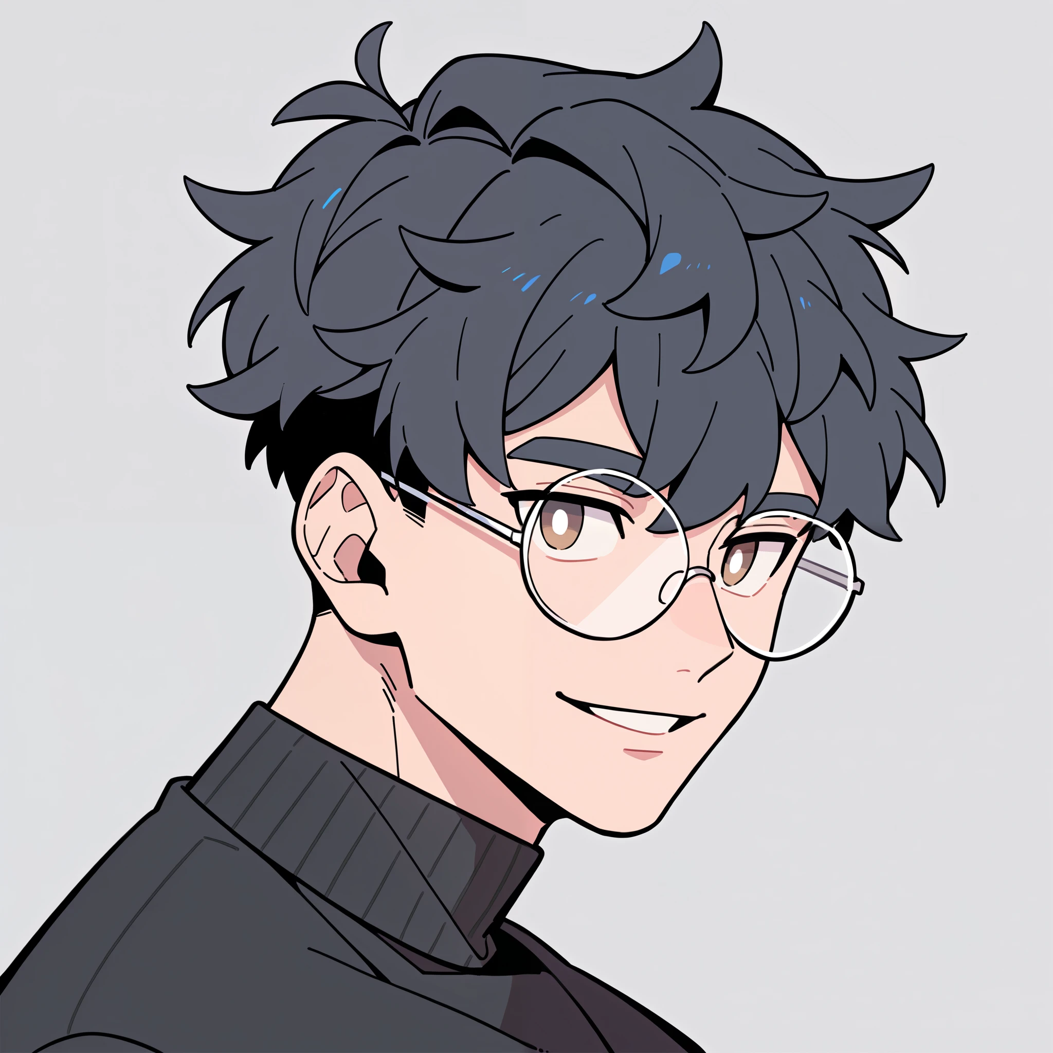 anime characters:1man, adult, twink, male focus, black short sleeve outfit, black clothes, black boots, cargo pants, only, twink male, only, Upper body, alone, black hair, fluffy hair, thick eyebrows, brown pupils, round glasses, Light Grey background, simple background, amazing quality, best aesthetics, Ridiculous, parted lips, bright pupils, sexy smile, best quality
