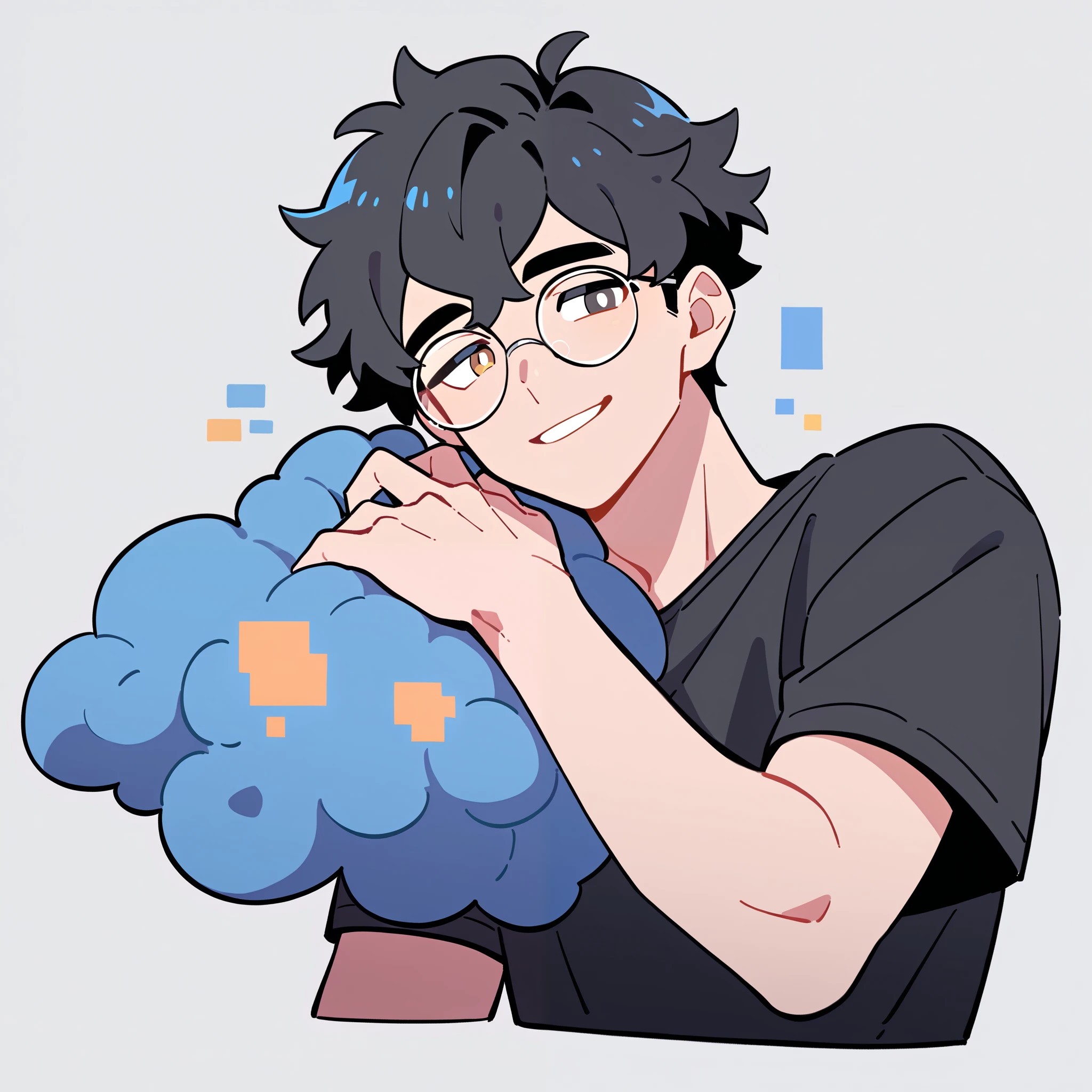 anime characters:1man, adult, twink, male focus, black short sleeve outfit, black clothes, black boots, cargo pants, only, twink male, only, Upper body, alone, black hair, fluffy hair, thick eyebrows, brown pupils, round glasses, Light Grey background, simple background, amazing quality, best aesthetics, Ridiculous, parted lips, bright pupils, sexy smile, best quality