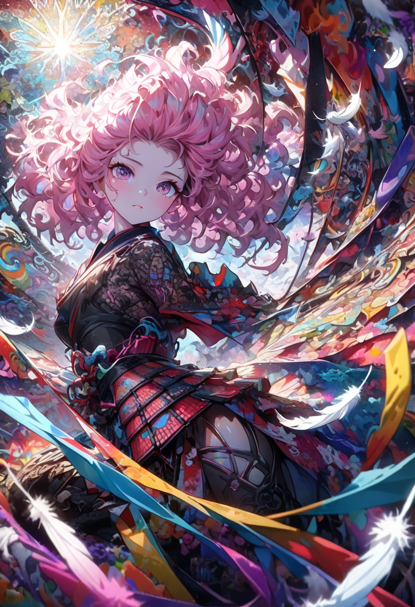 ((Female Samurai, Samurai, Bust up, Girl in fluid and dynamic pose, Loose, flowing pink Japanese armor, Mysterious expression, Black and pink curly hair, Modern abstract setting, Bold colorful abstract art, Bright lighting, (Zen tangle, Mandala, Tangle, Entangle), Intricate clothing, Chuho flower (Masterpiece, Best quality, Beautiful and aesthetic:1.2), Highly detailed, (Fractal art:1.1), (Colorful:1.1) (Flower:1.3), Most detailed, (Zen tangle:1.2), (Dynamic pose), (Abstract background:1.3), (Shiny skin), (Many colors:1.4), (Feathers:1.5), Dynamic angles, Most beautiful chaos of shapes, Elegant, Designed in brutalist style, Vibrant colors, Romanticism,))), Dimly lit, Background artwork, Atmospheric anime, Masterpiece, Best quality, Highly detailed, Detailed 4k Artwork, Shine, Sparkle, White Shine and Sparkle, Magic Particles, (Masterpiece:1.2, Highest Quality), (Delicate and Beautiful Eyes:1.2), (Highly Detailed CG Unity 8K Wallpaper, Masterpiece, Highest Quality, Ultra Detailed, Best Shadows), (Detailed Background), (Beautifully Detailed Face, Beautifully Detailed Eyes), High Contrast, (Very Delicate and Beautiful), (Ultra Detailed, Absolute Resolution), Highest Quality:1.3), 2.5D, Delicate and Dynamic Effects, Sparkle, Artistic, Extreme,