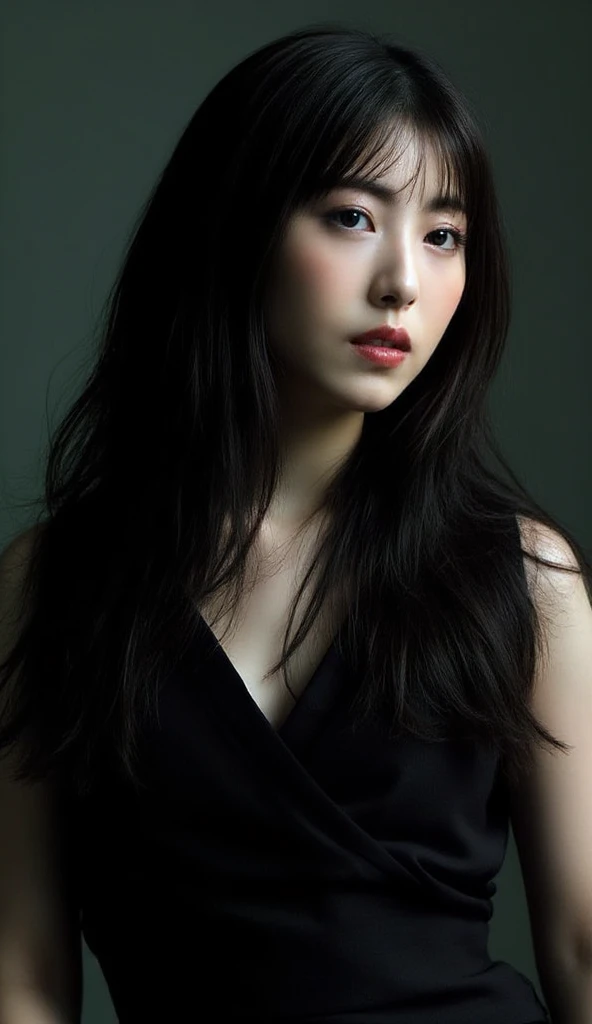 Kodak UltraMax400, normal ID photo, low contrast, handsome woman, bangs under the eyebrows, long flowing hair, wearing a sleek all-black outfit, film texture, dark vibe reminiscent of Wong Kar's Fallen Angel - no grayscale, studio photo, masterpiece