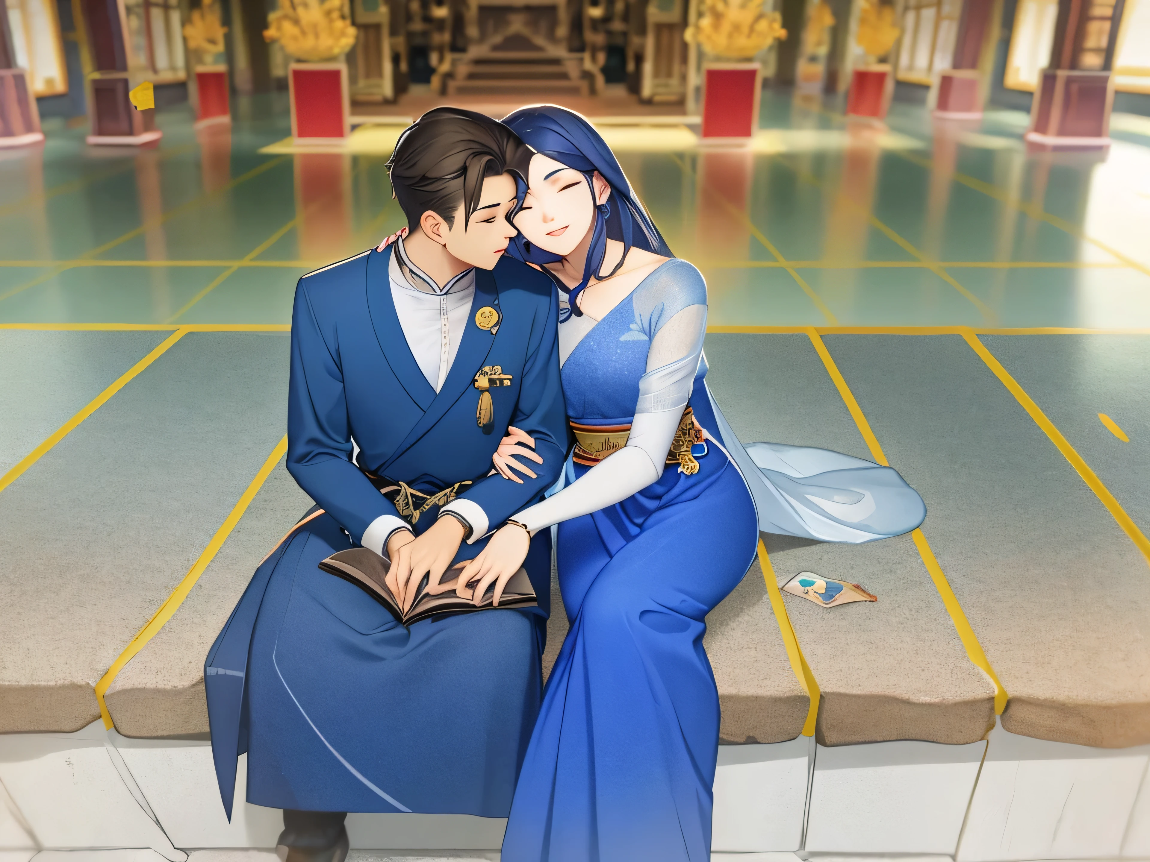 there is a man and woman sitting on a bench together, lovely couple, nivanh chanthara, photo taken in 2 0 2 0, couple, traditional clothes, wearing traditional garb, high quality upload, traditional art, siya oum, traditional dress, real ungine, by Mym Tuma, a picture, in a temple,HD, (Masterpiece), Best Quality, High Resolution, Smile, ((Young Man)), Extremely Detailed Wallpaper, Perfect Lighting, (Extremely Detailed CG), Wallpaper, Colorful, Picture Book, Game CG,