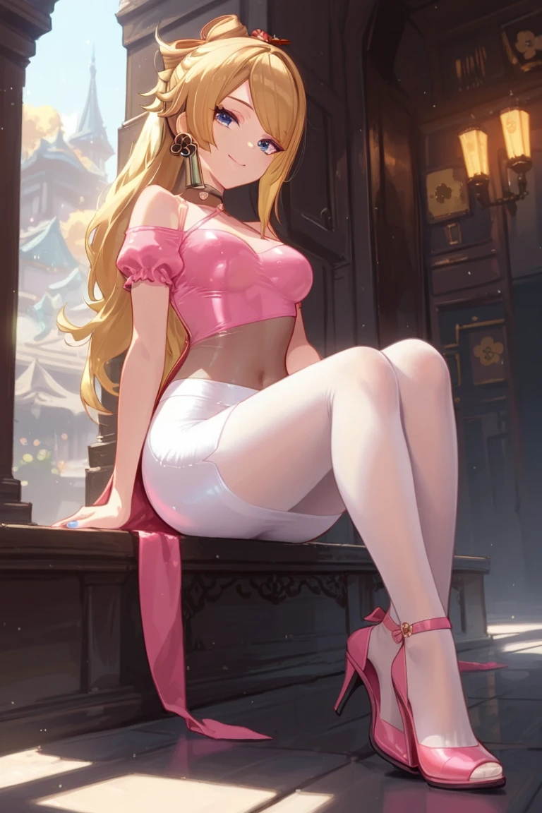 8k, Masterpiece, best quality, ultra detailed, high resolution, super fine illustration,Chiori (Genshin impact), 1girl, solo, smile, yellow hair,medium hair, sidelocks,blue eyes, medium breasts, fashion outfit, nail polish, sexy swimsuit with pantyhose, ankle strap heels, cowboy shot, skintight dress,