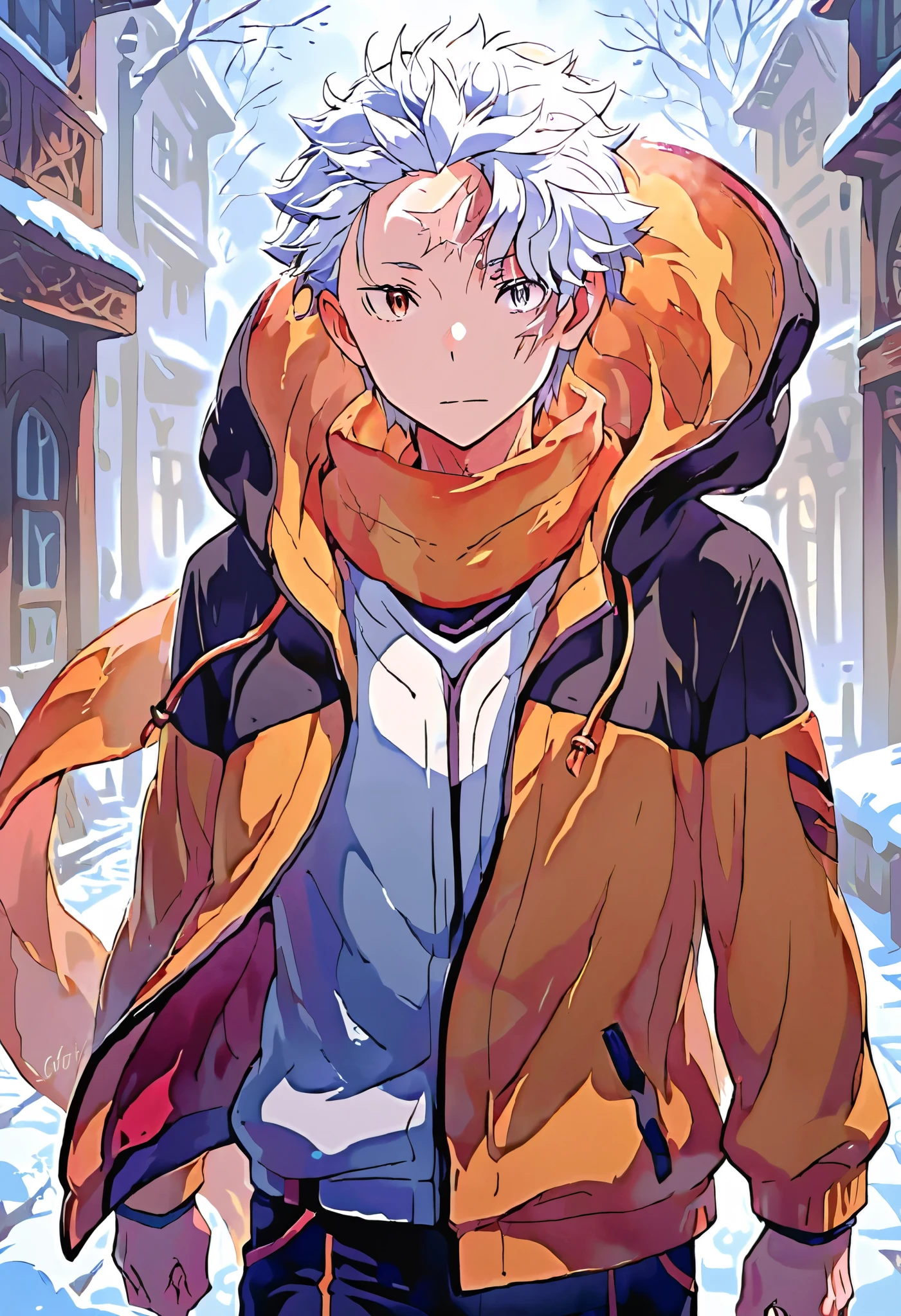 gluttony subaru \(re:zero\), 1boy, short hair, white hair, male focus, scarf, orange scarf, scar on forehead, hood, heterochromia, scar on face, jacket, brown eyes, grey eyes, cowboy shot, masterpiece, best quality
