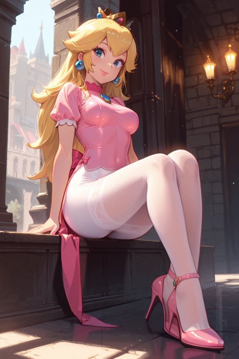 Princess Peach looking down at the viewer.  she is wearing white stockings, pink high heels, and her classic pink ballroom dress