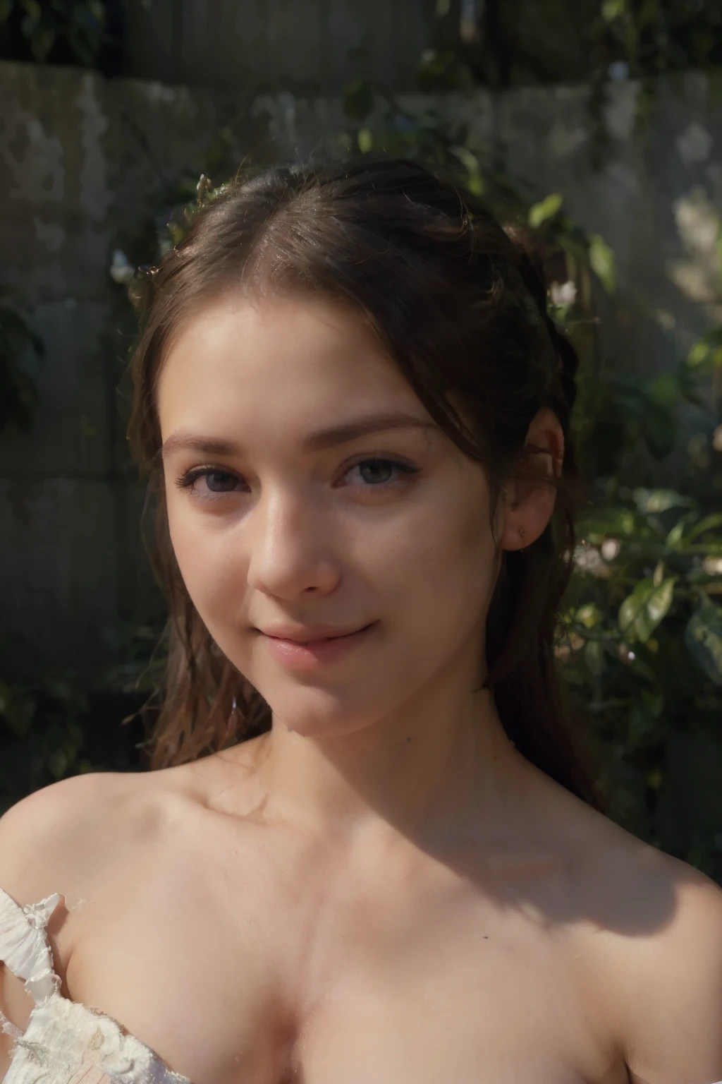 ((high resolution)), ((pale skin)), freckled, brunette ((11 year old)) girl, with blue eyes, blushing cheeks, wavy hair, smiling, small breasts, naked, as a fantasy princess, tiara, in castle