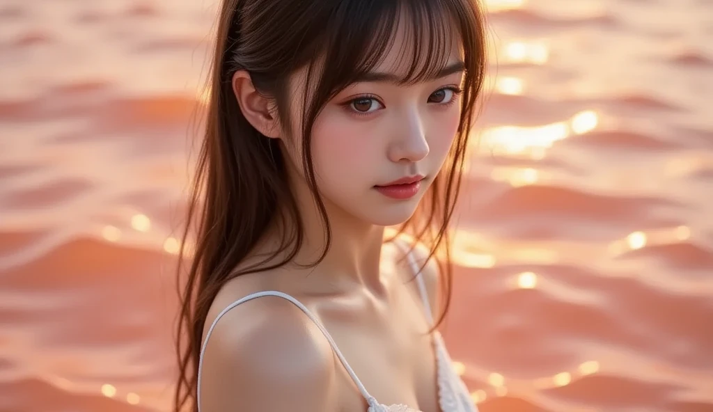 masutepiece, Best Quality, Illustration, Ultra-detailed, finely detail, hight resolution, 8K Wallpaper, Perfect dynamic composition, Beautiful detailed eyes, Wear a dress, Natural Color Lip,Beach, Random and cute poses, Kissing face,Close your eyes,Face Kiss Viewer,Perfect and beautiful face,Cute,Sexy face,Raise chin,Sunset,A face that felt ecstasy