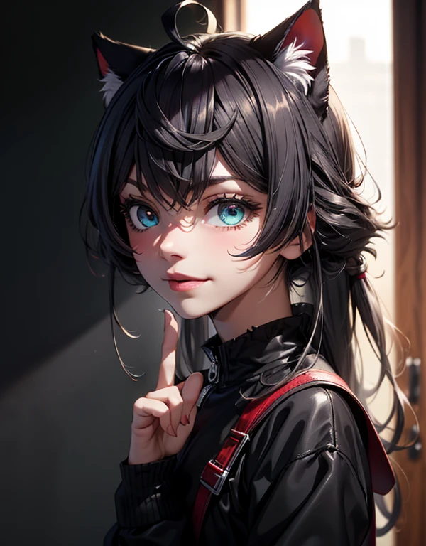 score_9, score_8_up, score_7_up, score_6_up, dark theme,sinozick style,
tanixya original 1girl animal_ears aqua_hair backlighting bangs blunt_bangs blurry blurry_background blush cat_ears closed_mouth cracked_wall depth_of_field fingernails goggles goggles_on_head head_tilt long_hair looking_at_viewer mole mole_under_eye peeking_out portrait red_eyes short_eyebrows sideways simple_background slit_pupils smile solo wall wide-eyed