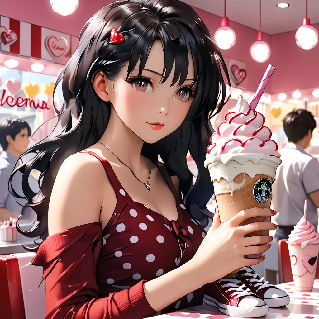 Girl, dark brown wavy hair, green eyes, big nose, big red lips, smile, wearing translucent white dress, stay on 1 legs, eating ice-cream. City street