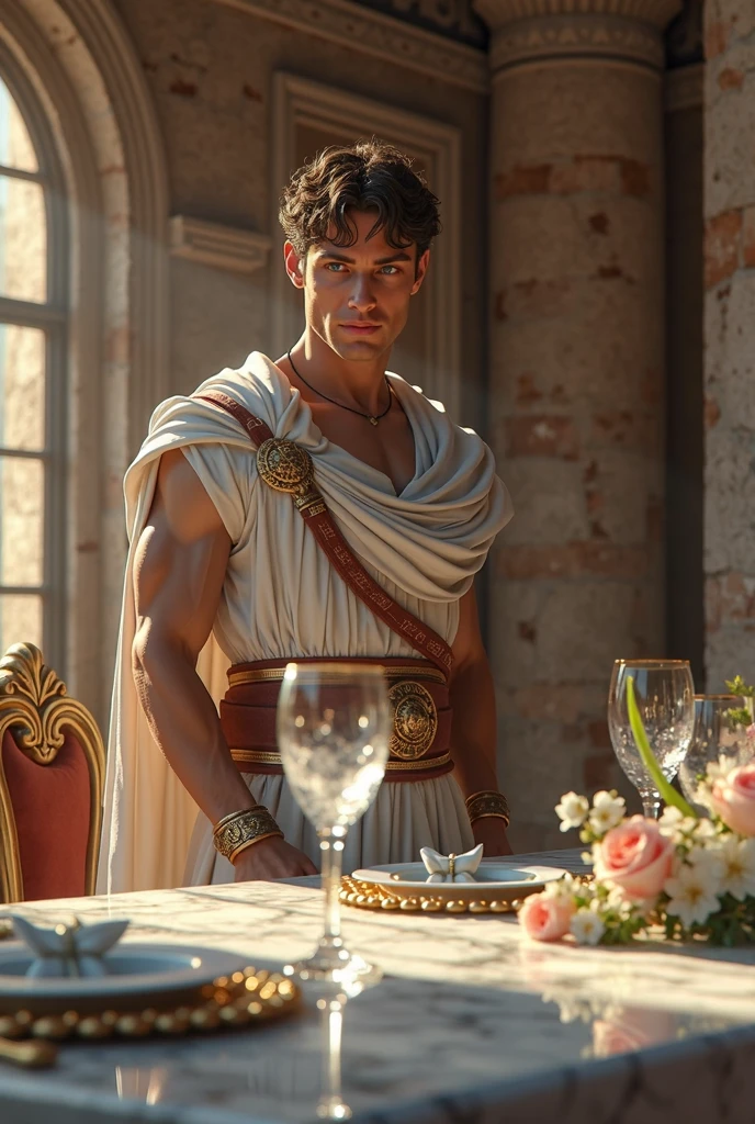 (masterpiece, UHD, illustration, detailed:1.3), Alexander the Great, Roman feast attire, (drunk, hostile:1.2), raising a (gilded wine cup:1.1), toasting in anger, feast attendees, grand hall, luxurious decor, torchlight, chaotic energy, Greg Rutkowski style.