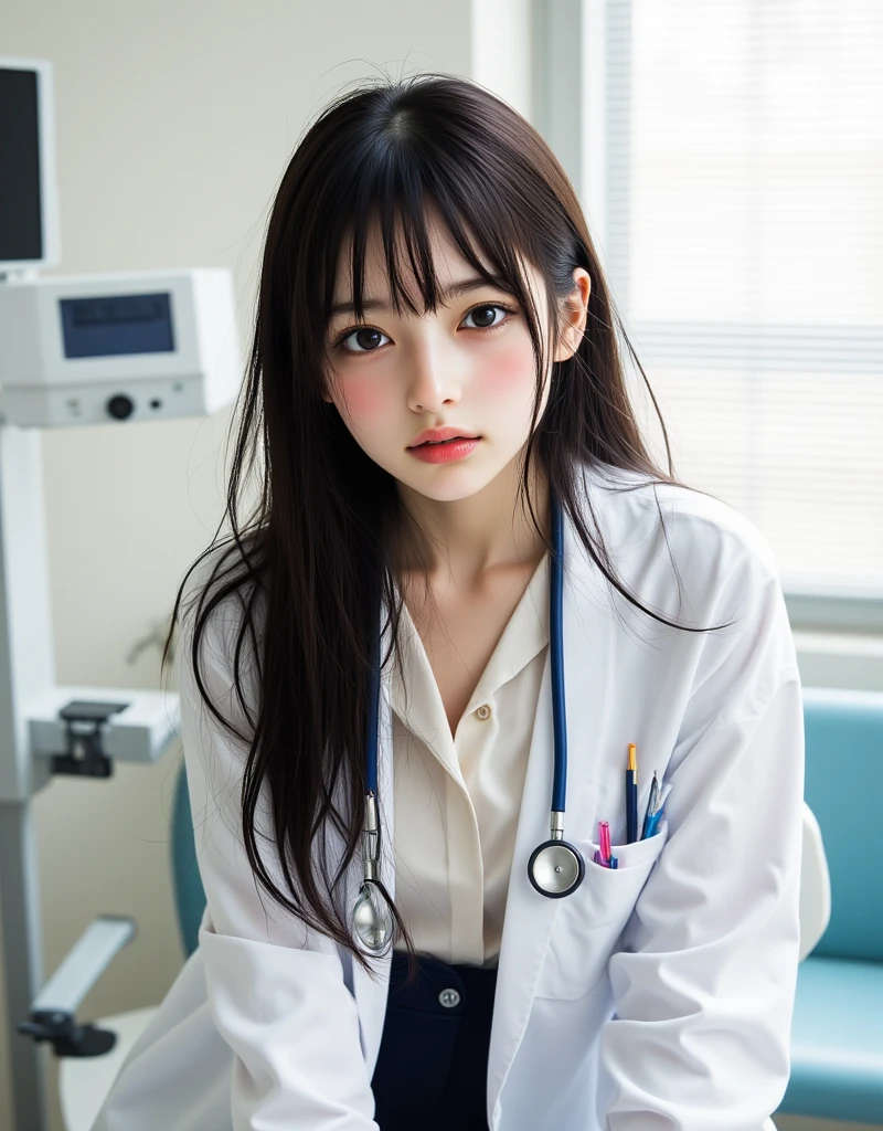 Kiss Face,sad Facial expression,embarassed expression,Alafed Girl, chiho, iwakura lain, closeup Iwakura Lain, With short hair, Shiori Teshirogi, Kotegawa Yui, hime-cut, She is 17 years old, sui ishida with black hair, lain iwakura, girl cute-fine-face, Clear pubic contours,(Small breasts), hight resolution, ighly detailed, top-quality, [​masterpiece:1.6],, ighly detailed, nffsw, finely detail, top-quality, , Cinematographic lighting, 1girl in、17 age、Cute Japan high school girl、perfect body type、, cute droopy eyes beautiful big eyes、ultra-detailliert、hight resolution、Transcendent beauty　top-quality、​masterpiece、majicMIX Real、(Raw photography:1.2)、(Photorealsitic:1.4)、Beautiful details beauty beautiful dental hygienist)))、(((Appearance during treatment)))、((Don't wear panties)), (((Leaning forward to look into the patient)))、(((Independent lab coat)))、(8K、top-quality、​masterpiece:1.2)、(reallistic、Photorealsitic:1.2)、 Phenomenally cute girl、18year old、(((cross one's legs)))、(((Neat and clean lab coat)))、(((Kneeling and crossing)))、独奏、hospitals、watching at viewers、(Sit up:1.5)、(((Hospital Patient Rooms)))、Chest that looks like it's going to burst、Fine and beautiful eyes、)、(Dark blonde hair:1)、(Mature:1.1)、skirt by the, Nurse lab coat, sockes, A dark-haired, bblurry, blurry backround, knee high, Ro White Nurse Shoes, life-like, length hair, s lips, Brown-eyed, Black socks, Onepiece, Accept the phallus from behind、 looking to side, ​masterpiece, top-quality, ultra-detailliert、(((Spread your legs apart)))、Inviting eyes、hospitals、In the hospital、Examination room Negative prompt