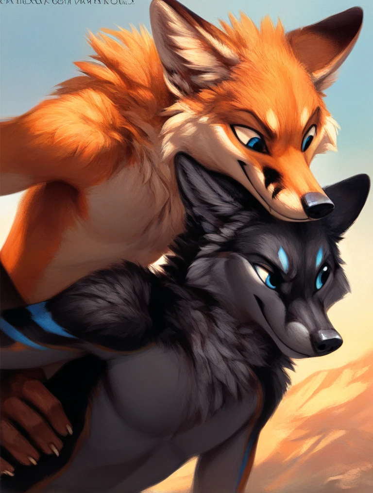 score_9, score_8_up, score_7_up, source_furry, rating_safe, by kenket, anthro, duo, male/male, wolf, black body, blue eyes, fox, orange body, on bellies, legs, disappointment, sad, fullbody portrait, strong, wrestling, pressed tightly together, neon green pawpads, neon green toe fur, laying on top, holding hands, black wolf domination, sad fox
