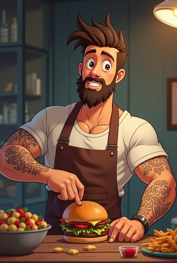 Um gordinho de cabelo cortado em volta de uma cadeira de barbeiroaltura de 1,70, illuminated by the light of a lamp, contra o pano de fundo de uma barbearia
