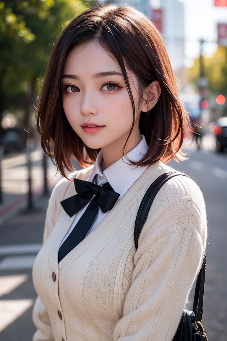 masterpiece,best quality,ultra quality,high-quality,professional quality,
hyperquality,quality enhancement,noise reduction,extremely detailed,
ultradetailed,highly detailed,finely detailed,intricate,exquisite,
elaborate,beautiful,exquisite,high resolution,8k,HD,absurdres,crispquality,
rich contrast,ultra highres,minimize shadows on the face withclean and even
lighting for a polished look,use a reflector to cast soft indirect light for a
gentle glow,glowing shadows,backlighting,soft light,
cinematic lighting(1.2),depth of field,cinematic angle,color,
lightpainting,dreamy style,colorful ink,vibrantcolors,1 girl,Alone,
Amateyuzuriha,beauty cute girl,
very light hair color,magenta colored hair,
reddish pink hair,red hair, multicolored hair,
very short bob hair,executive short haircut,hair ength to chin,
aqua color eyes,multicoloredeyes,detailed eyes,
sparklingeyes,light reflections,smile,small ,slim body,
collared shirt,Emerald Green shirt,white cardigan,green pleated skirt,,
red and black striped tie,white sweater,grey socks,black boots,
ultra-strong circular bokeh effect light,looking beautiful & pretty,
anatomically accurateな体の構造,Balanced face and body,
No unnatural shapes or deformities,No excessive fingers or limbs,
1 girl,((high school girl)),小柄なhigh school girl,
Dynamic pose,attractive posture and expression,look straight ahead,smiles gently into the camera,
Japanese people with red hair,Big beautiful eyes that reflect light and shine,Short and cute ,
Beautiful face and complexion,Glossy face,beautiful,perfect face,Cute symmetrical face,
Modest nose,Unobtrusive nostrils,Smooth nose,
dynamic camera tilt and rotation,emerald green reflection in the hair,hair penetrates and shines in backlight, hair swaying in the wind,
bangs are the length to the base of the nose,Bangs hide the forehead,Round hairstyle ,
Light reflected around the eyes is emphasized and mysterious and attractive,eyes sparkling,Slightly slanted eyes,
Minimizes facial shadows with uniform lighting,brightly illuminated face,
emerald green Y shirt(uniform)Wear a v-neck knit without buttons on top,
emerald green pleated skirt,wears a v-neck knit without buttons over a red and black diagonal stripe tie、
reflects soft indirect light and creates a gentle glow,Lots of light sources,beautiful sky from the light source,
((8k, masterpiece:1.4)), professional photography, sharp:1.2,perfect dynamic composition,Natural daylight ,
soft shadow,((perfect body:1.4)), super precise face,Exquisite expression,
( delicate skin:1.3),(Perfect glowing skin:0.6),Moisturized Skin, radiant white skin, pink skin ,shiny skin that is creating,
((long legs)),(realistic photo,realistic:1.4),
(Natural Side Lighting,cinema lighting),shallow depth of field,long focal length,Visionary,
perfect body, beautiful body,beautiful legs,(anatomically accurate,Ultra precise skin ),
Beautiful Scenery,Sidewalks and buildings in the big city of Tokyo,is stylish, fashionable,
focus on foreground,super strong background blur,beautiful bokeh effects,Light Contour , Subtle Changes from Warm to Cool ,
erasesign,Erase the characters,strong blur effect on letters on signs etc.,
unique angles and perspectives,dynamic camera tilt and rotation,