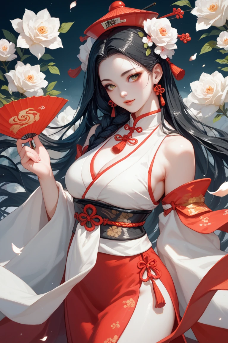 the image of a beautiful woman with long black hair and white skin with a beautiful figure wearing an ancient Chinese traditional white hanfu being absorbed by shadows from the ground enclosing her in a kind of cocoon