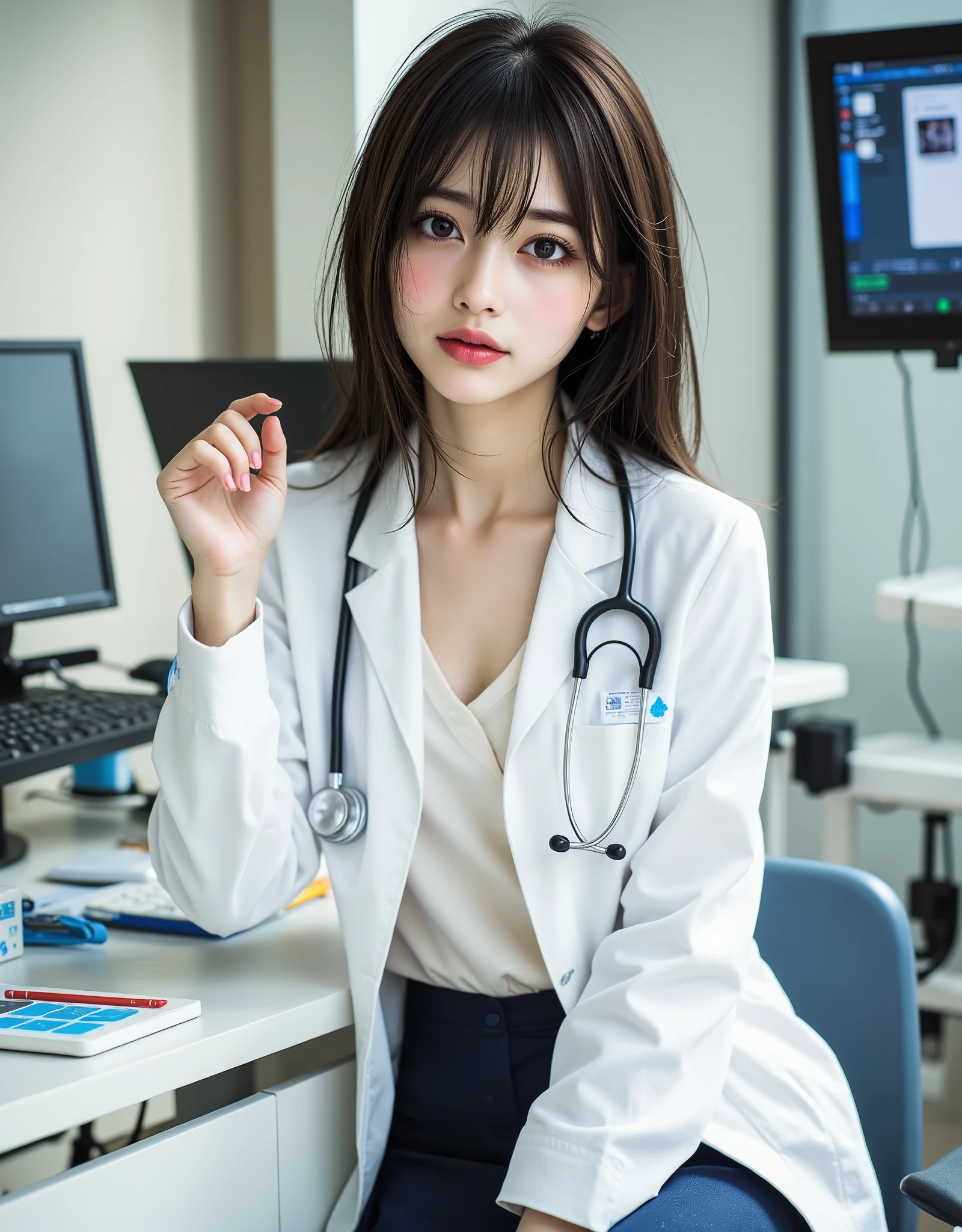 ((perfect anatomy)), (Canon), (EOS R5), (50mm), (((Photorealistic:1.5))), ( No Lens Flare :1.5), ((超high definition)), (masterpiece), accurate,(realisticな質感の肌), Super Detail, high detail, high quality , Award-winning work , 最high quality, 32K, bitches line up in front of the motel, digital camera, Award-winning Glamour Photos , professional lighting,(SFW), ((最high quality:1.5)), ((masterpiece:1.5)), ((realistic)), ( super precise), Absolute Determination,((correct limbs:1.8)), Good move,(VERY BEAUTIFUL WITH A VERY CUTE FACE), high definition,realisticな影, Roughness, Real Life,((A very beautiful and pretty Japanese woman:1.5)), (( Beauty of Japan's Top Actresses )), ((Upper body shot seen obliquely from the front :1.5)), ( upper body shot seen from the side :1.2), (( upper body shot from head to knee :1.8)), ((A beautiful and intelligent 27-year-old Japanese doctor)), over the age of 25, ((Very sexy and beautiful doctor woman)), A beautiful and luxurious examination room in a hospital, (Internal medicine examination room), Height: 163cm, slim figure, (long black hair), beautiful shaped big bust , F Cup, cleavage of bust visible, ((A very cute smile with some teeth showing:1.5)), ( alone:1.5), ((Only one person in the examination room)), ( show your hands as little as possible ), (brown eyes:1.9), ( Detailed depiction of extremely realistic skin ), (Highly detailed, realistic eyes:1.9), ( extremely beautiful long realistic eyelashes ), (Highly detailed, realistic eyebrows), (丸いbrown eyes :1.8), ( beautiful catchlight on the eyes), (Realistic lips with moisture ), (Neatly aligned white realistic teeth), ( Beautiful and Detailed Face :1.6), ( hourglass shape:1.6), (Wasp waist :1.5), (Perfectly round and beautifully shaped breasts:1.8), ( clearly contoured cheekbones :1.5), ( textured skin by Mr. Nomi :1.8), (Healthy body :1.8), (Narrow shoulders:1.9), (is staring at the viewer), (enchanting gaze), (Beautiful, natural-looking hands), (Beautiful natural colored nails of beautiful length), ((Wearing a doctor's white coat open at the front)), ((A white doctor's coat, white coat)), (((Under her white coat she wears an off-white blouse and a navy blue skirt:1.8))), (One black ballpoint pen and one red ballpoint pen in her pocket:1.5), (((Her black tube stethoscope hanging from her neck:1.8))), (Sometimes putting glasses in her pocket), (medical pen light:1.2), (((The front of the doctor's white coat and blouse opens to show her cleavage and pale pink lace bra:1.8))), ( down blouse that shifts the chest:1.2), (She wears a stylish pink lace bikini-type bra), (((Sitting on an examination chair in the examination room:1.8))), (Smiling with hands on the desk in the examination room), (Sometimes standing by the desk), ( half up black hair:1.2), (Bright face), (charming smile), (Open your mouth a little:1.2), (Bedside in a private room in the hospital:1.3), (Large medical monitors, laptop, electro-cardiogram, Vital Signs Monitor, Sphygmomanometer:1.5), (Medical equipment lined up, Mr.々 medical equipment ), light on face ,Dreamy and shy expression, Attractive cuteness , seductive poses, stylish style, Glow effect, Bright dynamic lighting that makes her skin look beautiful, accurate手の形, accurate指の形, accurate指の数,5 fingers on one hand , ( color temperature 5500K )