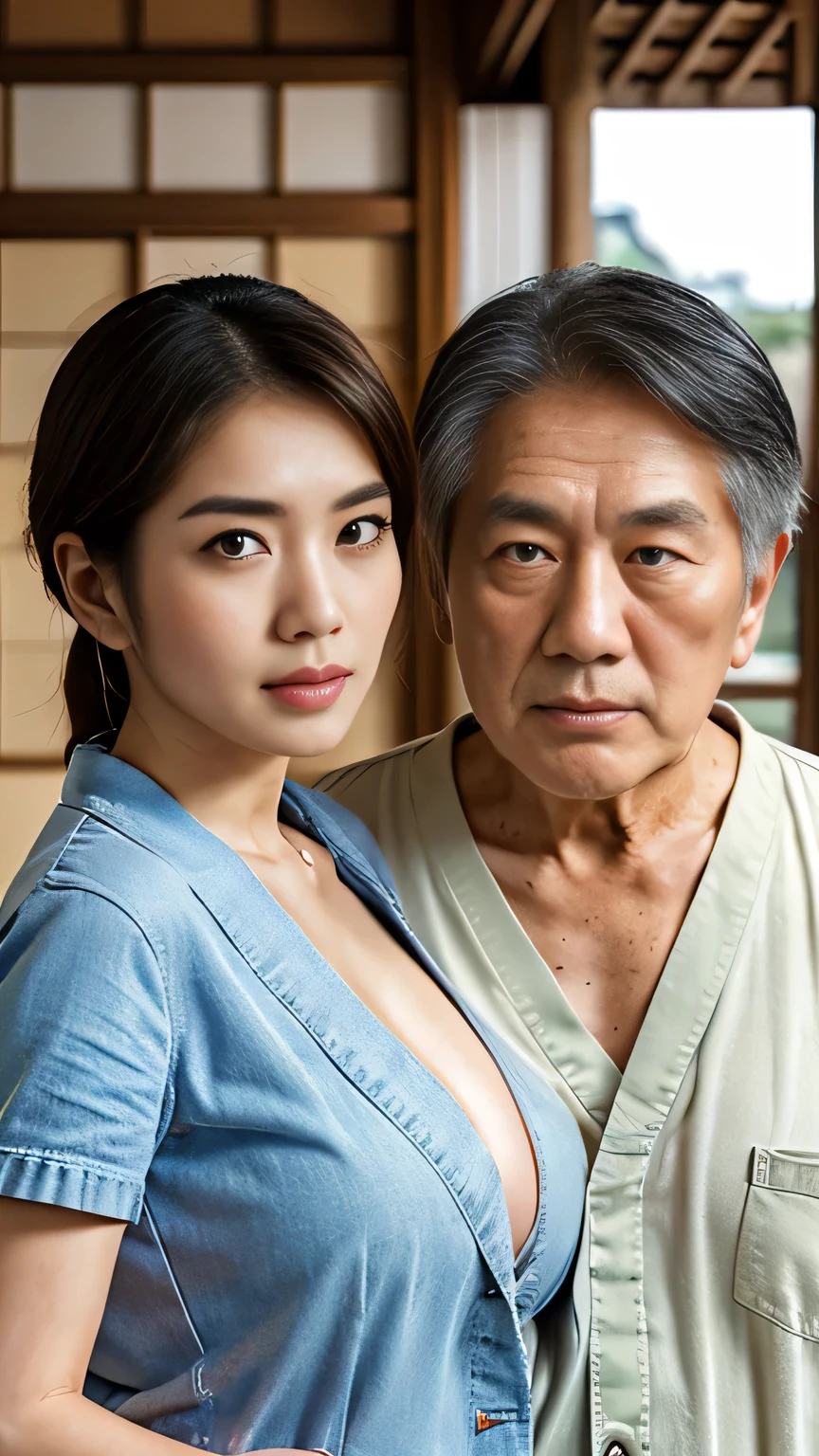 High resolution、High level image quality、high detail、masterpiece、realistic skin,、rough skitomically correct)、(two men and women standing together)、((2 Japanese cute big breasted 、7 Japanese male grandfather))、((whole body_from head to foot))、one's home、Breast skin is not visible