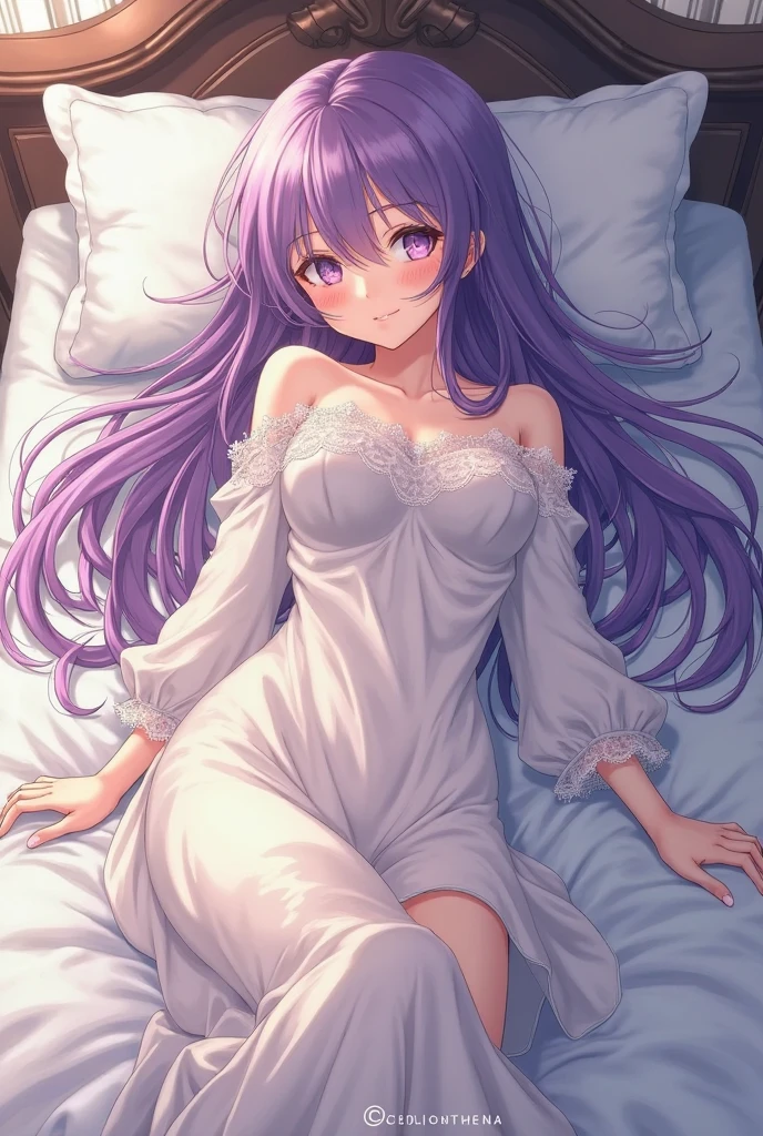 code geass art style, long purple hair,laying on bed,cute bedroom, naked