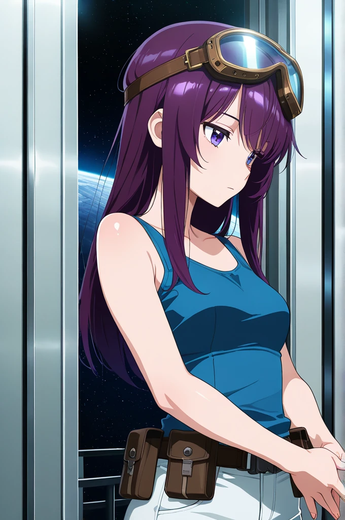 (high quality,Very detailed:1.37, High resolution), Woman, (mature:2.0), (Sakaki Yumiko:1.5), (very long hair:1.5), (dark purple hair:2.5), purple eyes, large breasts, tuxedo, necktie, (pants:1.5), (wetting herself:1.5), standing, (arms crossed:1.5), (embarrassed:1.5), (humiliation:1.5), (constricted pupils:1.5), (sweating:1.5), shaking, (trembling:1.5), (blushing:1.5), Meticulous details, (extremely detailed eys:1.37), space station, interior, science fiction, futuristic