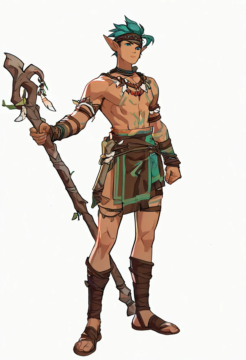 League of Legends Style ,Drak Elf Male tribal ,Beautiful face, tribal tattoo on face , yellow pupils , Black hair , wearing Pants ,Full body,Bandage on hands