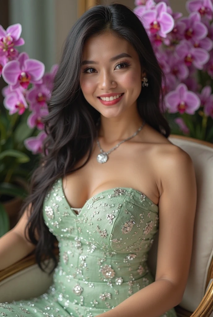 (((high quality:1.2))), Work of art, (8k), extremely detailed, ((High detail:1.2)) ((best resolution)), (Hotlexi woman), Solo, 24 year old Vietnamese female, (dress strapless), (fix his hand to be anatomically correct),