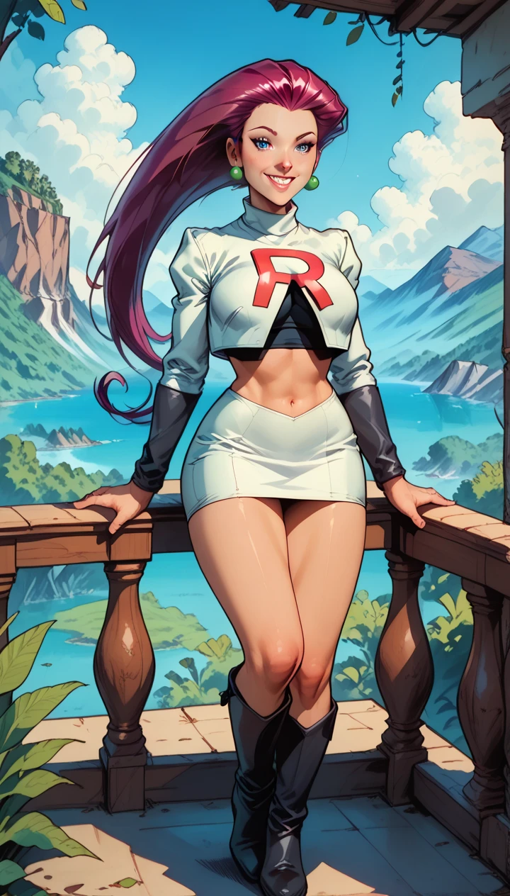 (Masterpiece), Best Quality, ultra-detailed, 1girl (jessie pokemon, Big and pretty breasts, , purple hair, hair slicked back, long hair,blue eyes), a lovely face ,facing viewer, looking at viewer,lovely smile,  nose  blush, blush, solo, black  jacket, white Tank_top, navel, black pleats skirt, ultra mini skirt, white lace thighhighs, in the forest, night time, standing, Sexy waist teasing 