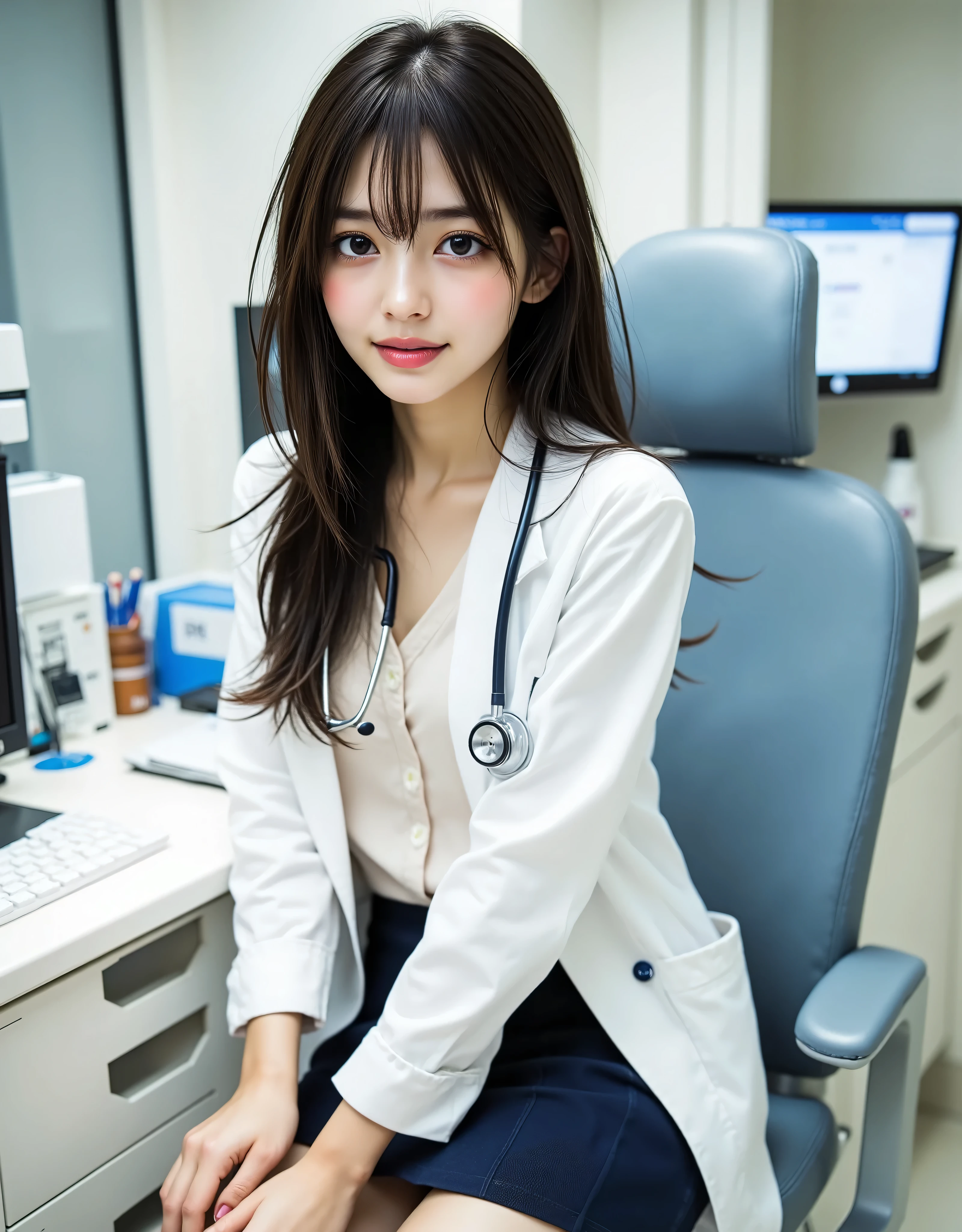 ((perfect anatomy)), (Canon), (EOS R5), (50mm), (((photoRealistic:1.5))), ( No Lens Flare :1.5), ((超high definition)), (masterpiece),  accurate,(Realistic texture skin), Super Detail, high detail, high quality ,  Award-winning work , 最high quality, 32K, bitches line up in front of the motel,  digital camera,  Award-winning Glamour Photos  ,  professional lighting,(SFW), ((最high quality:1.5)), ((masterpiece:1.5)), ((realistic)), ( super precise), Absolute Determination,((correct limbs:1.8)), Good move,(VERY BEAUTIFUL WITH A VERY CUTE FACE), high definition, realistic shadows , Roughness, Real Life,((A very beautiful and pretty Japanese woman:1.5)), (( Beauty of Japan's Top Actresses )), ((Upper body shot seen obliquely from the front :1.5)), ( upper body shot seen from the side :1.2), (( upper body shot from head to knee :1.8)), ((A beautiful and intelligent 27-year-old Japanese doctor)), over the age of 25, ((Very sexy and beautiful doctor woman)), A beautiful and luxurious examination room in a hospital, (Internal medicine examination room), Height: 163cm,  slim figure, (long black hair),  beautiful shaped big bust , F Cup,  cleavage of bust visible, ((A very cute smile with some teeth showing:1.5)), ( alone:1.5), ((Only one person in the examination room)), ( show your hands as little as possible ), (brown eyes:1.9), ( Detailed depiction of extremely realistic skin ), (Highly detailed, realistic eyes:1.9), ( extremely beautiful long realistic eyelashes ), (Highly detailed, realistic eyebrows), (丸いbrown eyes :1.8), ( beautiful catchlight on the eyes), (Realistic lips with moisture ), (Neatly aligned white realistic teeth), ( Beautiful and Detailed Face :1.6), ( hourglass shape:1.6), (Wasp waist :1.5), (Perfectly round and beautifully shaped breasts:1.8), ( clearly contoured cheekbones  :1.5), ( textured skin by Mr. names  :1.8), (Healthy body :1.8), (Narrow shoulders:1.9), (is staring at the viewer), (enchanting gaze), (Beautiful, natural-looking hands), (Beautiful natural colored nails of beautiful length), ((Wearing a doctor's white coat open at the front)), ((A white doctor's coat, white coat)), (((Under her white coat she wears an off-white blouse and a navy blue skirt:1.8))), (One black ballpoint pen and one red ballpoint pen in her pocket:1.5), (((Her black tube stethoscope hanging from her neck:1.8))), (Sometimes putting glasses in her pocket), (medical pen light:1.2), (((The front of the doctor's white coat and blouse opens to show her cleavage and pale pink lace bra:1.8))), ( down blouse that shifts the chest:1.2), (She wears a stylish pink lace bikini-type bra), (((Sitting on an examination chair in the examination room:1.8))), (Smiling with hands on the desk in the examination room), (Sometimes standing by the desk), ( half up black hair:1.2), (Bright face), (charming smile), (Open your mouth a little:1.2), (Bedside in a private room in the hospital:1.3), (Large medical monitors,  laptop, electro-cardiogram, Vital Signs Monitor, Sphygmomanometer:1.5), (Medical equipment lined up, Mr.々 medical equipment ),  light on face ,Dreamy and shy expression, Attractive cuteness ,  seductive poses, stylish style, Glow effect, Bright dynamic lighting that makes her skin look beautiful,  Accurate , Accurate ,  Accurate,5 fingers on one hand , ( color temperature 5500K )