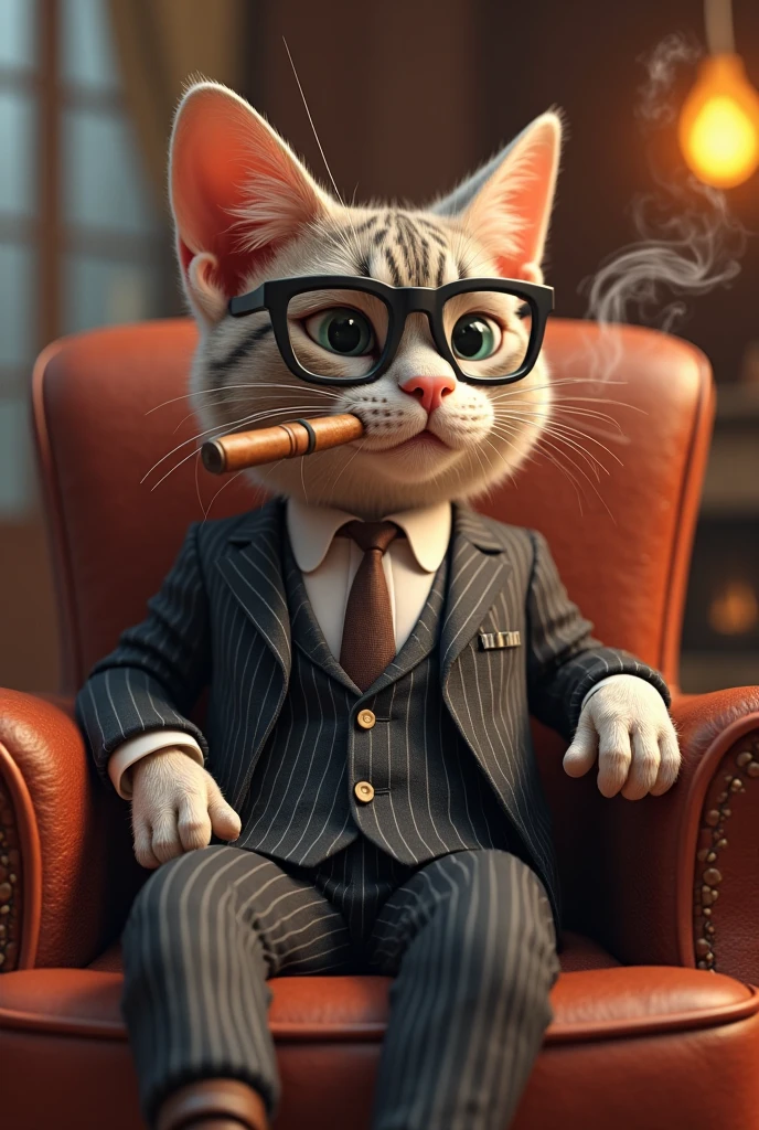A cool cat sitting in a boss chair with glasses and wearing coat and smoking