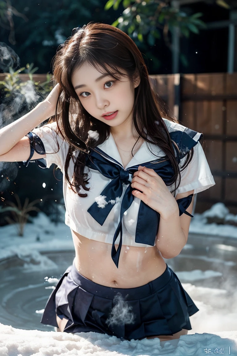 (Photo_\\(Medium\\):1.2), 1girl in, (Photorealsitic:1.2), hyper realisitic, photorealisim, a closeup, Raw feet, A dark-haired, bobhair, bangss, Black eyes, steampunc, a sailor suit, , hi-school girl, kawaii, goose bumps, Ultra mini skirt, Dark blue pleated skirt, Heavy snow falls on the snowy mountain,a backdrop of, Ephemeral, Full body, is standing, Injured leg, Goosebumps on my arms, Goosebumps on my feet, Super beautiful legs, depth of fields, in 8K, VFX, nffsw, Very slender girl, Very short socks, Tri-fold white socks, Very short sleeves, Cute, bruised, Short sleeves even in winter, a beauty girl, Idol, Dangerous shooting, Y2K、((Sexy panties in full view:1.0))、((Spread your legs wide:1.5))