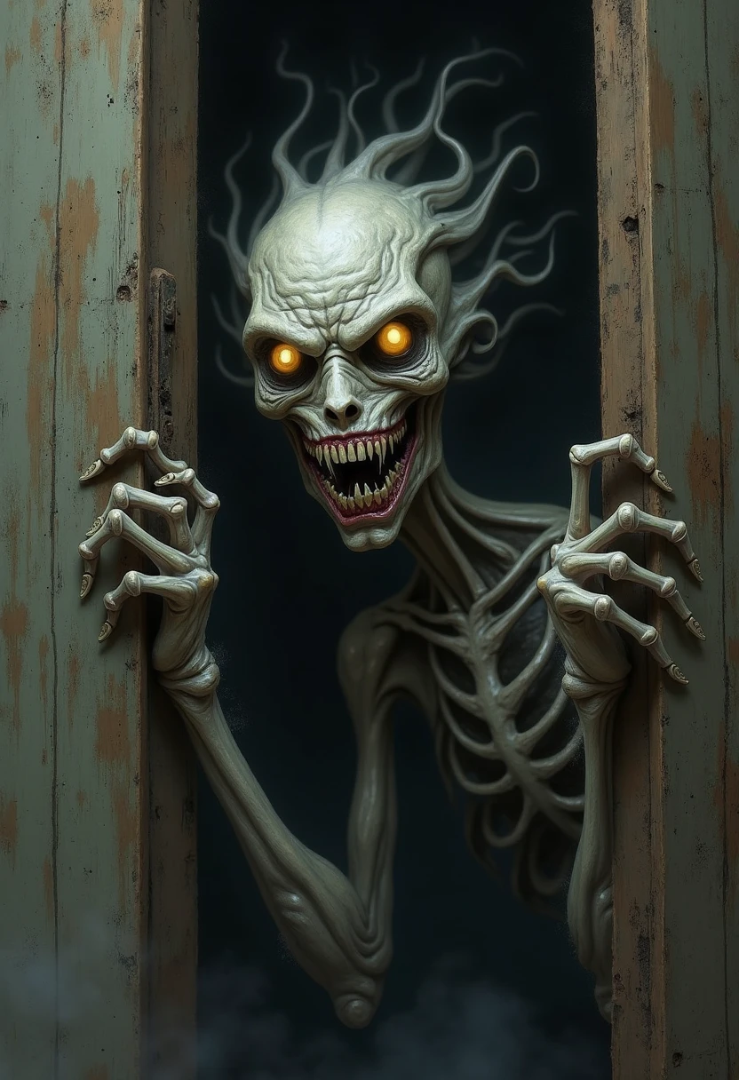 In the dimly lit room, shadows dance eerily on the cracked walls. A single, flickering candle casts a ghostly glow, revealing an old, dusty mirror. Reflected in the mirror is a pale, gaunt figure with hollow eyes and a sinister grin, its skeletal hand reaching out as if to pull you into the darkness. Cobwebs hang from the ceiling, and the air is thick with an unsettling silence, broken only by the distant sound of a creaking floorboard. The atmosphere is heavy with dread, making your heart race and your breath quicken.