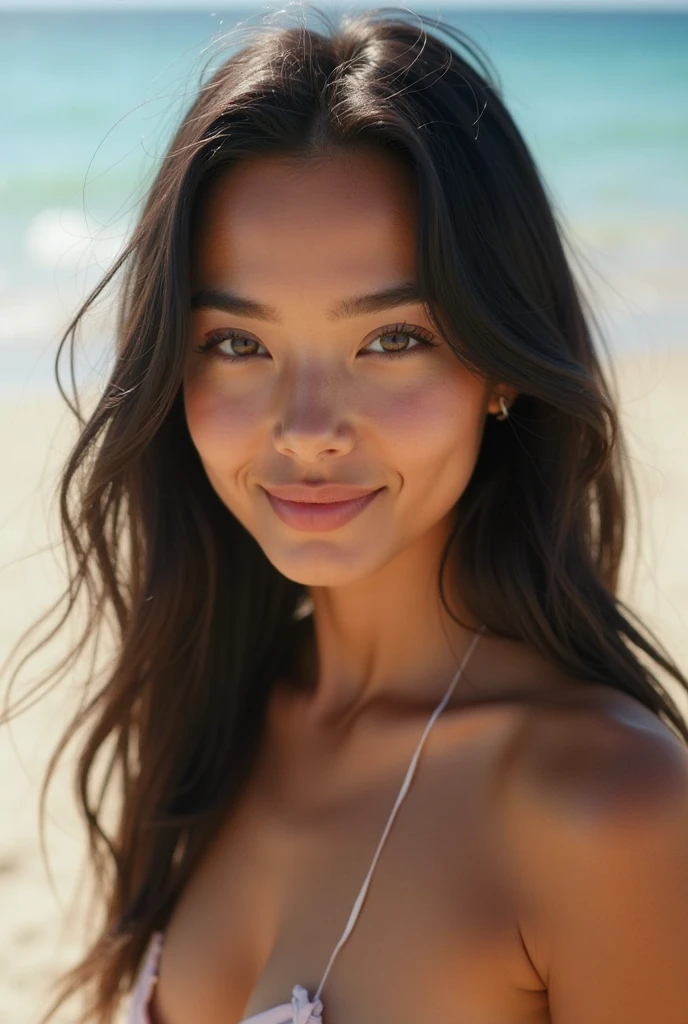 White skin woman, black hair color, ocean blue eyes, at beach, selfie camera frontal, pink bikini