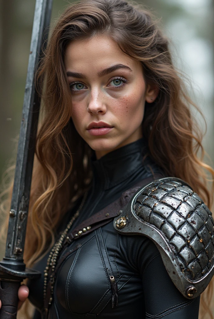 1 female, warrior, battle armor, worn out battle armor, came from a battle, green fields background, 4k quality, very detailed, bokeh, great lighting, very sexy, slightly sweating, very serious face, full body portrait
