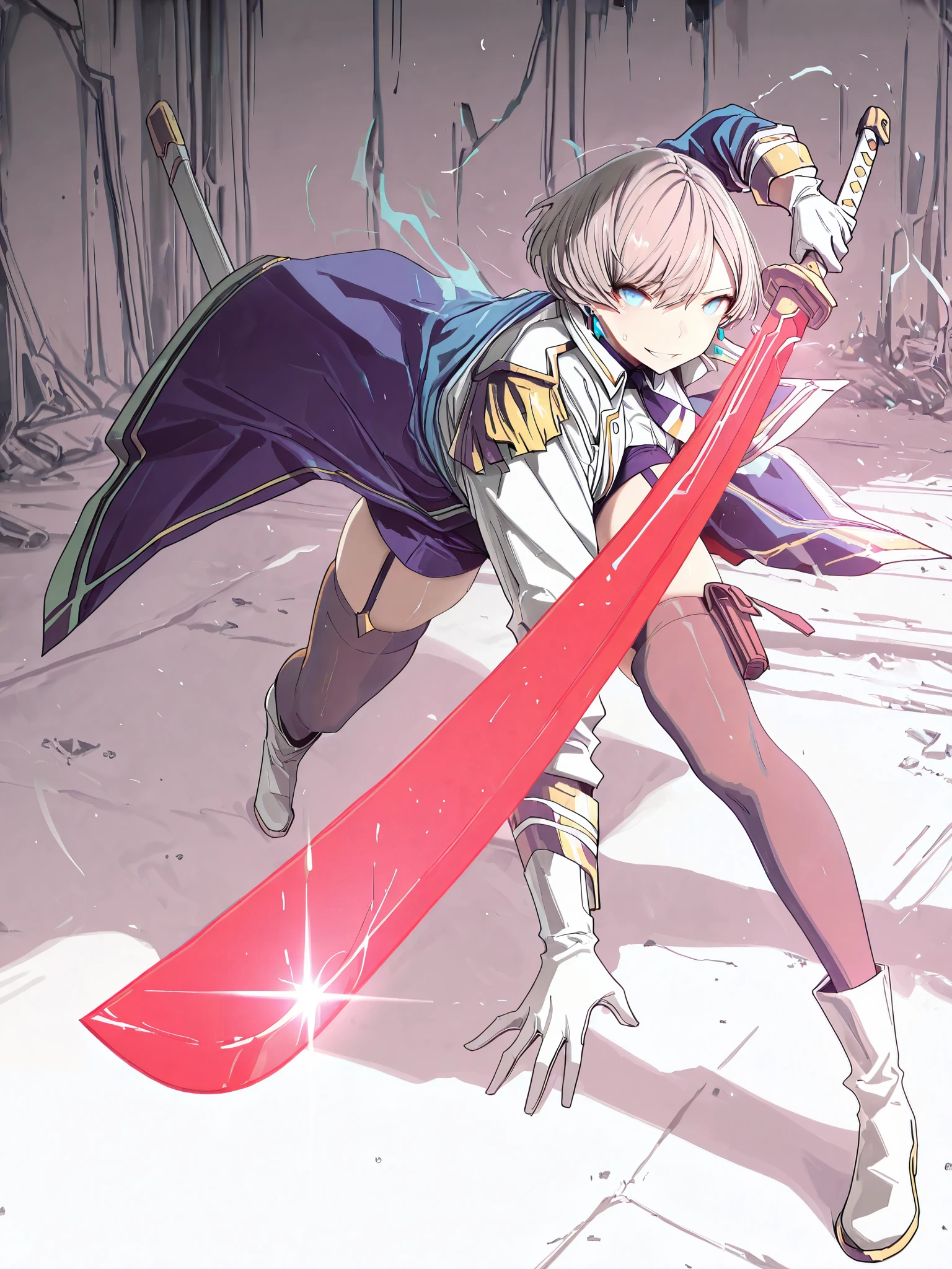 (No-kan-style:1.4), (Gogalking-style:1.2), (Gweda-style), masterpiece, high quality, absurdres, best quality, very aesthetic, newest, dramatic light, chiaroscuro technically, contrasting color, dynamic composition, anatomical correct, HD, 4K, digital art, trending on ArtStation, gasping, heavy breathing, excessive sweating, sweating, sweating profusely, gasping profusely, cinematic, ((skindentation)), ((voluptuous)), Mujina,short hair,grey hair,blue eyes,large breasts,adult,mature_female, bright eyes, (aura), (blue aura:1.2), 1girl, weapon, solo, sword, thighhighs, fighting_stance, holding, holding_weapon, sheath, coat, boots, holding_sword, looking_at_viewer, mechanical_arms, jewelry, shorts, single_mechanical_arm, earrings, katana, piercing, black_thighhighs, glint, garter_straps, ear_piercing, jacket, blue_coat, holster, smirk, shaded face, eyes trail, glowing eyes, abandoned building