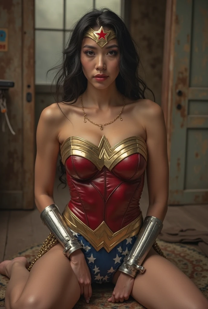 1girl, beautiful girl, wonder woman, (((shackles)), ((shackles and arms down, chain leads, metal collar, wrists tied)), bondage, slavery, restraint, 2man on background, best quality, masterpiece, ultra high res, (photorealistic:1.4), RAW photo, (no floor).