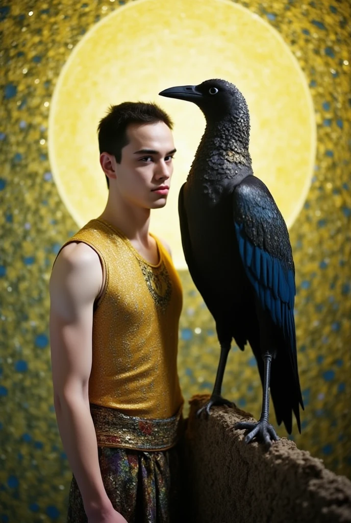 single man disrobed in yellow dress holding two birds on his head, a surrealist painting inspired by Carlo Mense, unsplash, magic realism, monia merlo, brooke shaden detailed, eric lacombe, flora borsi, naked, emotional surrealist art, brad kunkle elson peter, surrealist photography, alessio albi, mixed media photography, surreal naturist photography, homoerotic, full body, singularity, loincloth