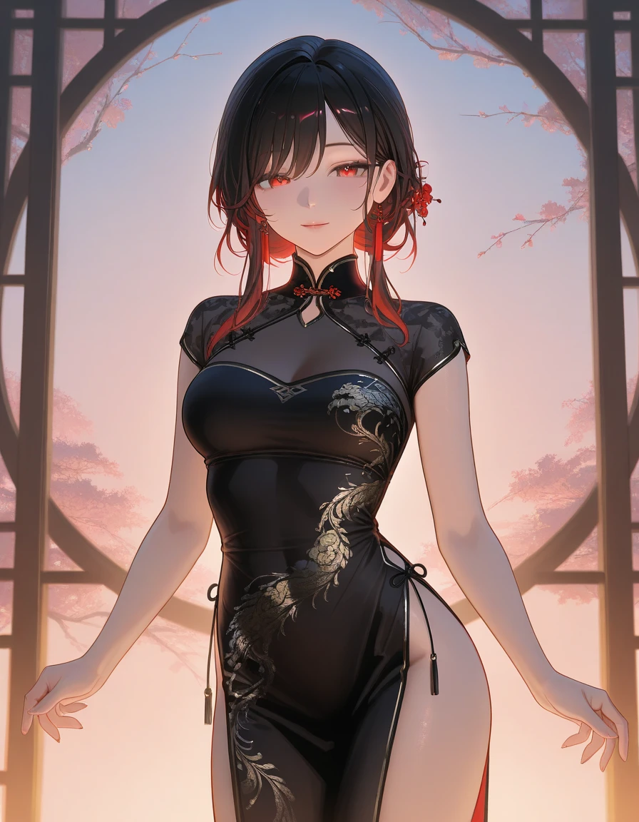 absurdres, RAW photo, extremely delicate and beautiful, masterpiece, Best Quality, ultra high resolution, 32k, hyperrealistic, ultra-detailed, in her 20s, delicate facial features, beautiful detailed girl, extremely detailed eyes and face, beautiful detailed eyes, tearful mole, earring, medium breasts, full body shot, shorter middle hair, black hair, cheongsam